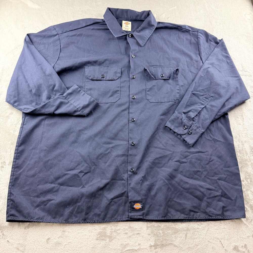 Dickies Men's 3XL Long Sleeve Work Shirt Navy Blue Button Up Dual Pocket Twill